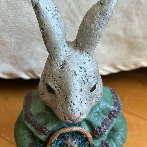 Paper Mache Plaster Easter Bunny Country Primitive RabbitBasket 8” - Picture 3 of 12